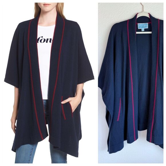 Draper James 100% Wool Cora Cape Open Cardigan in Nassau Navy & Maroon Red Trim - Picture 1 of 11